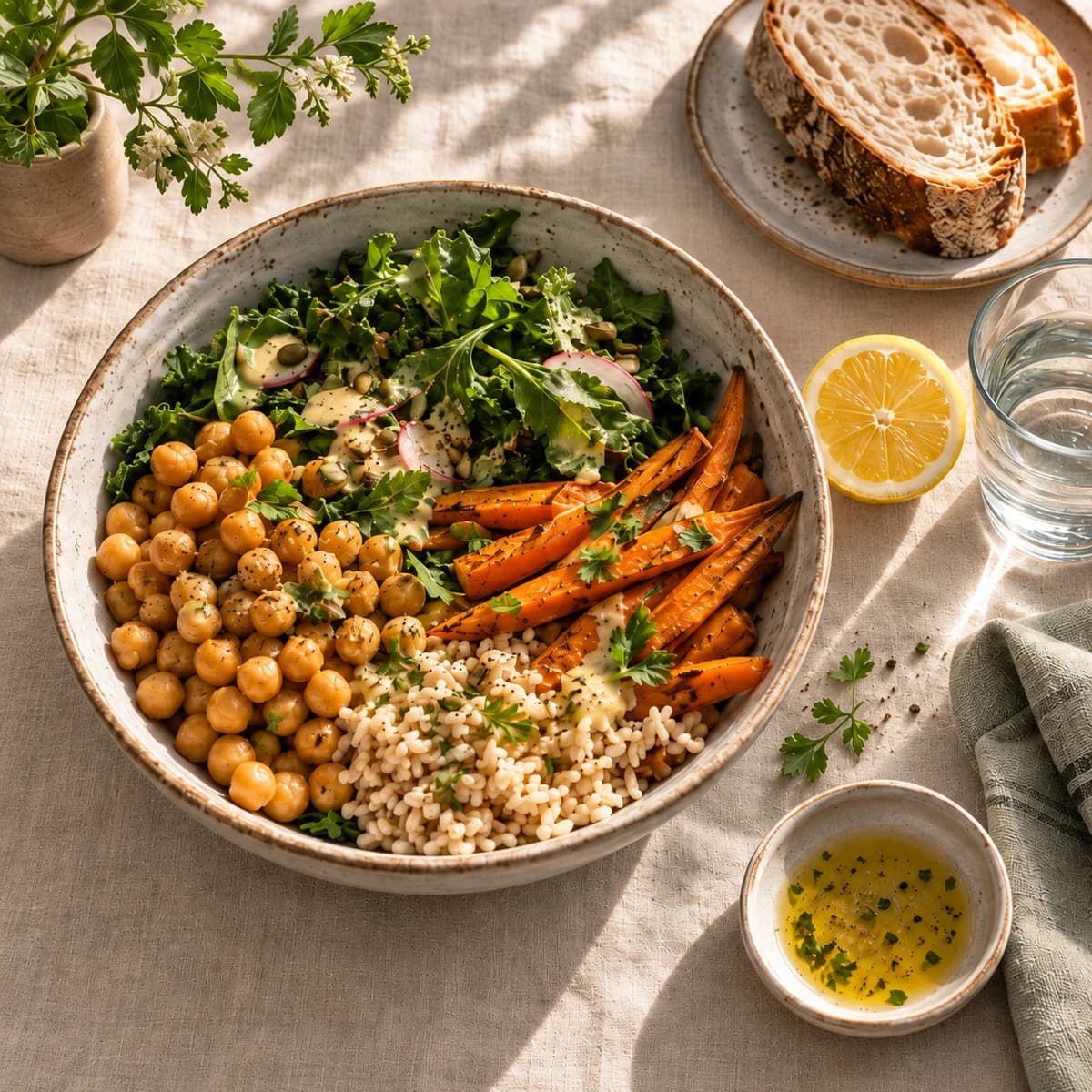 A rice bowl with roasted vegetables, chickpeas and lemon