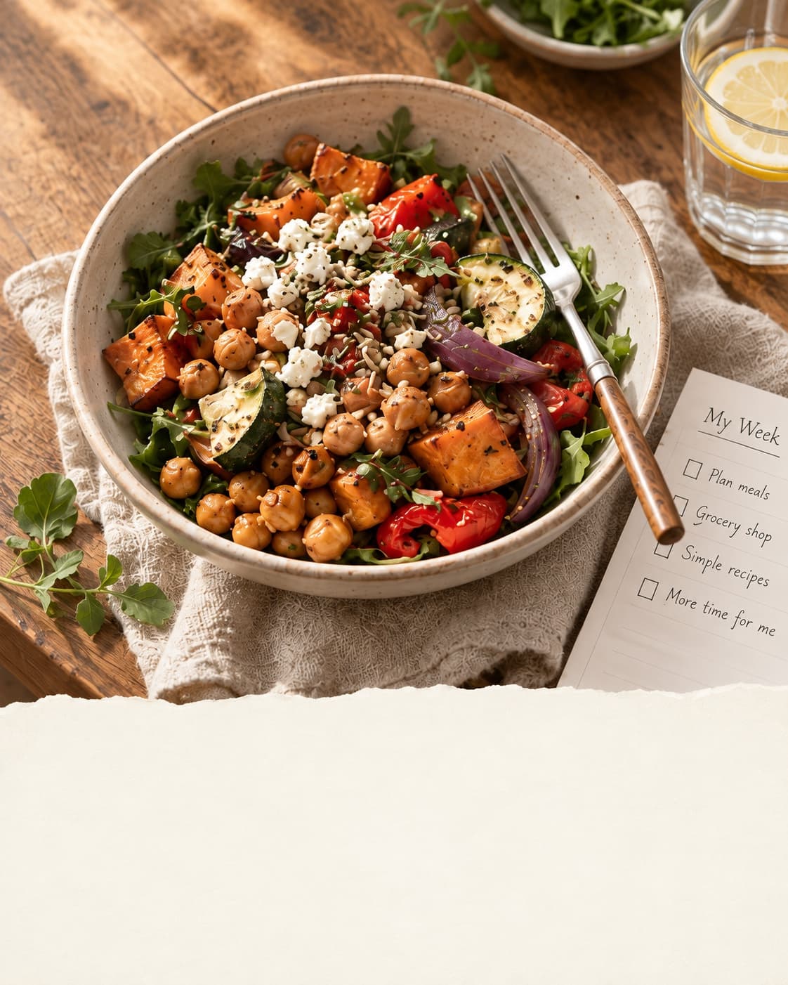 A chickpea and roasted vegetable bowl beside a simple weekly meal planner
