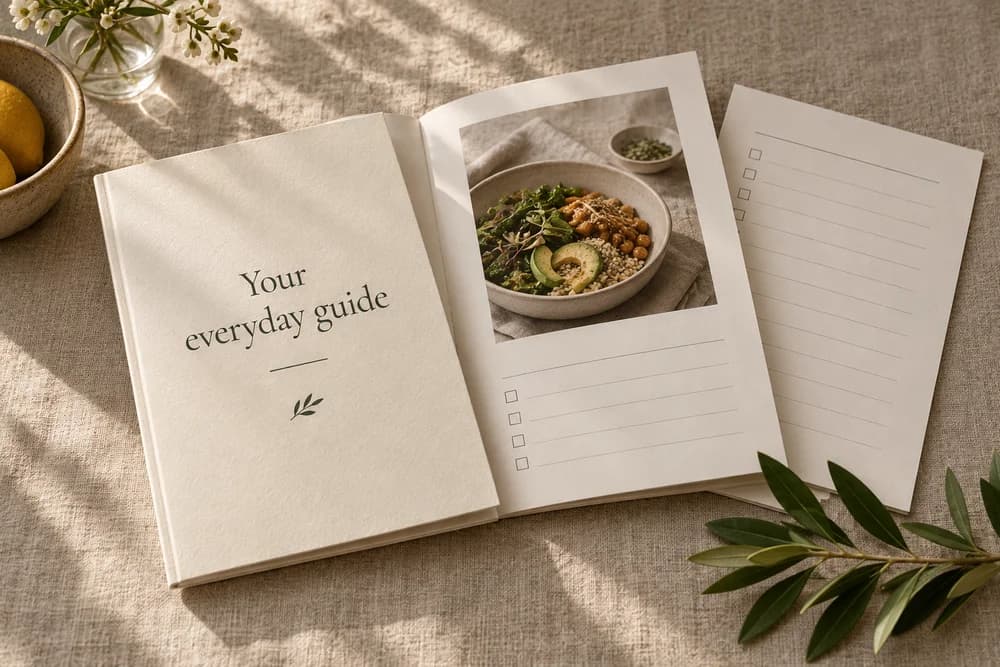 A personal food guide and grocery planning pages on linen
