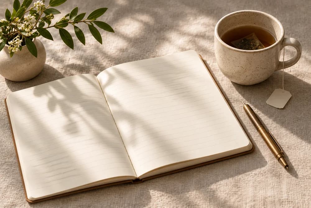 An open notebook, pen and a warm cup of tea