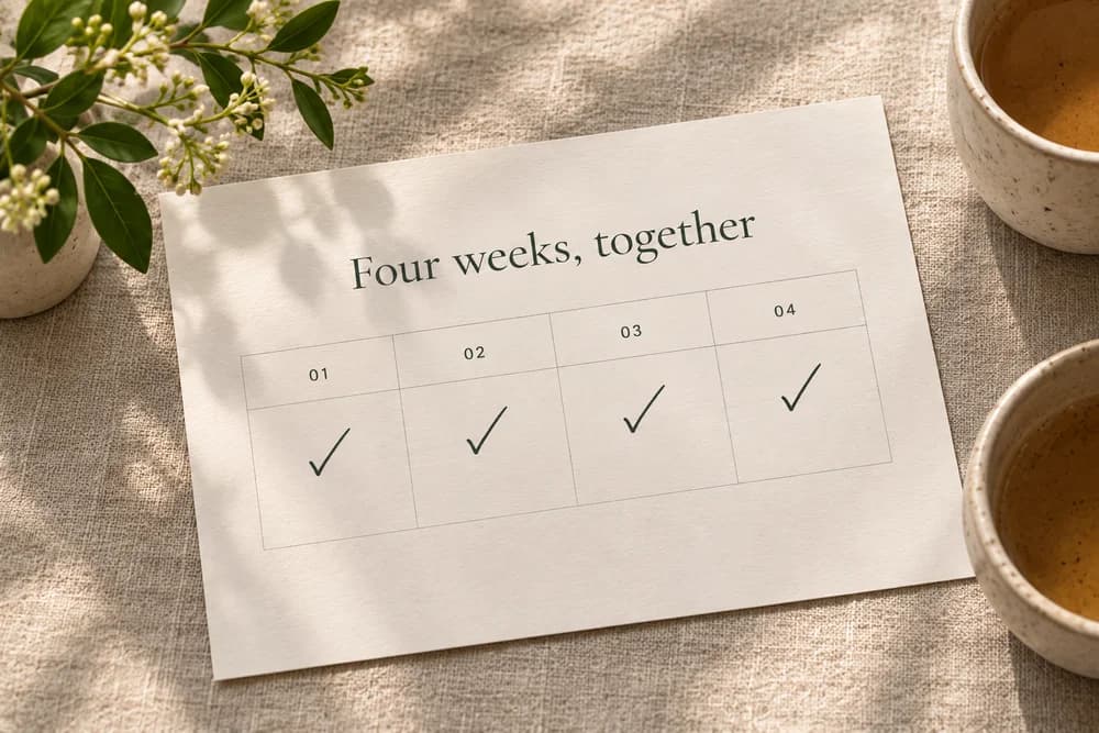 A four-week planning sheet beside two cups of tea